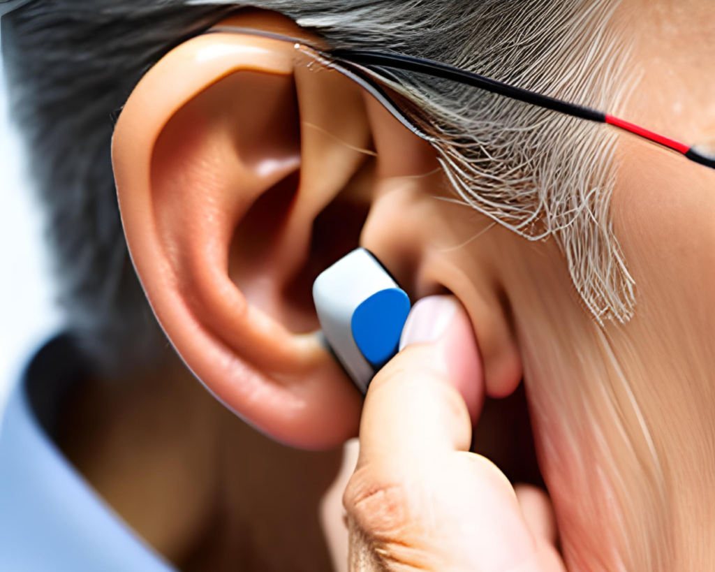 Personne portant un appareil auditif à l'oreille